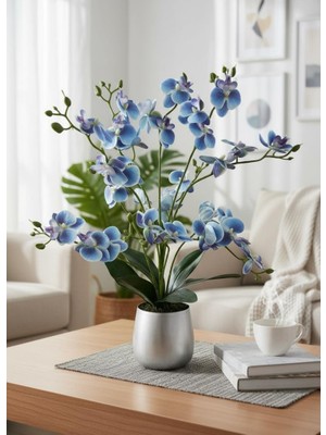 Nettenevime Yapay Çiçek Mavi 9 Dallı Islak Orkide Gümüş Metal Saksıda Saksıda Orkide 60CM