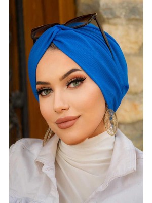Aişe Tesettür Saks Mavi Hazır Burgu Düğüm Bone