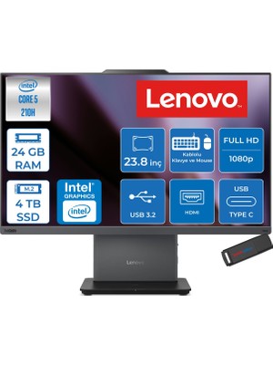 Lenovo Thinkcentre Neo 50A 24 Gen 5 Intel® Core™ 5 210H 4.8ghz 24GB Ddr5 4tb SSD 23.8" Fhd (1920X1080) IPS 250NITS, 99% Srgb Freedos Siyah Allınone Bilgisayar 12SC004GTRF10+ZETTAUSBBELLEK