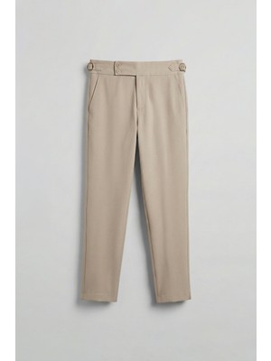 Abluka Online Erkek Slim Fit Italyan Kesim Yan Tokalı Çift Düğmeli Pantolon Bej