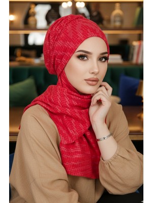 Aişe Tesettür Kırmızı Desen Kışlık Kelebek Bone Şal