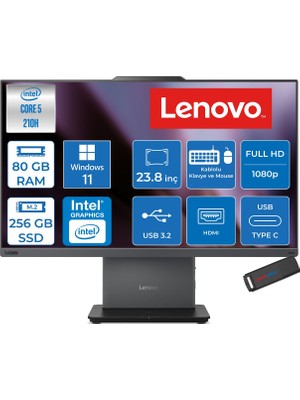 Lenovo Thinkcentre Neo 50A 24 Gen 5 Intel® Core™ 5 210H 4.8ghz 80GB Ddr5 256GB SSD 23.8" Fhd (1920X1080) IPS 250NITS, 99% Srgb WIN11PRO Siyah Allınone Bilgisayar 12SC004GTRP26+ZETTAUSBBELLEK