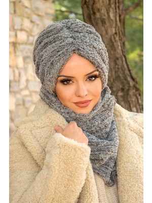 Aişe Tesettür Gri Kürk Büzgülü Bone ve Etol Takım