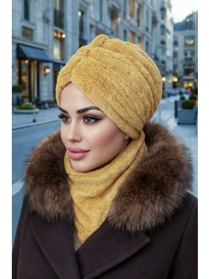 Aişe Tesettür Camel Büzgülü Bone ve Etol Takım