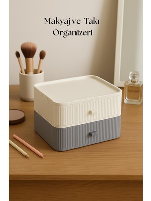 Sb Shopping 2 Katlı Çekmeceli Makyaj Organizeri & Çok Amaçlı Düzenleyici Gri Beyaz