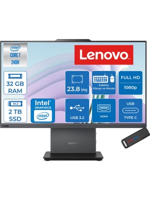 Lenovo Thinkcentre Neo 50A 24 Gen 5 Intel® Core™ 7 240H 5.2ghz 32GB Ddr5 2tb SSD 23.8" Fhd (1920X1080) IPS 250NITS, 99% Srgb Freedos Siyah Allınone Bilgisayar 12SC003YTRF14+ZETTAUSBBELLEK