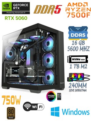 Apphirex Prime 75X Ryzen 5 7500F | 16GB Ddr5 Ram | 1tb Nvme SSD | RTX5060 Sıvı Soğutmalı Masaüstü Oyuncu Bilgisayarı