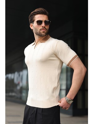 Madmext Taş Rengi Polo Yaka Triko Erkek Tişört E7470