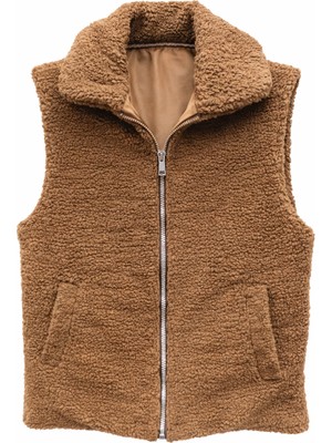 SINWEAR Welsoft Kuzu Desen Peluş Kadın Yelek Astarlı Çift Cepli Rahat Kalıp