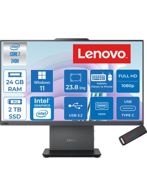 Lenovo Thinkcentre Neo 50A 24 Gen 5 Intel® Core™ 7 240H 5.2ghz 24GB Ddr5 2tb SSD 23.8" Fhd (1920X1080) IPS 250NITS, 99% Srgb WIN11PRO Siyah Allınone Bilgisayar 12SC003YTRP09+ZETTAUSBBELLEK