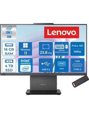 Lenovo Thinkcentre Neo 50A 24 Gen 5 Intel® Core™ 7 240H 5.2ghz 16GB Ddr5 4tb SSD 23.8" Fhd (1920X1080) IPS 250NITS, 99% Srgb WIN11PRO Siyah Allınone Bilgisayar 12SC003YTRP05+ZETTAUSBBELLEK