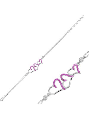 Aya Diamond Gümüş Pembe Üç Kalpli Bayan Bileklik