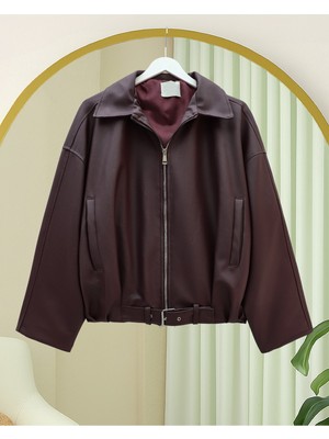 Modamorfo İçi Astarlı  Beli Kat Detaylı Kemerli  Deri Ceket  -Bordo