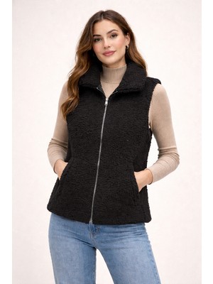 SINWEAR Welsoft Kuzu Desen Peluş Kadın Yelek Astarlı Çift Cepli Rahat Kalıp