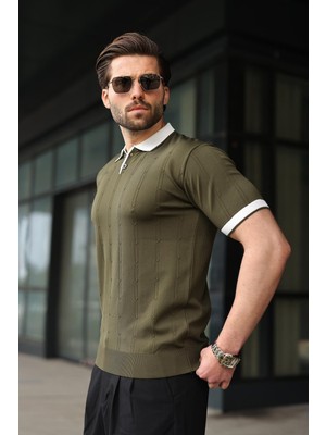 Madmext Haki Polo Yaka Triko Erkek Tişört E7470