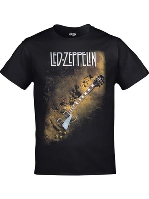 Unisex Siyah LED Zeppelin Gitar Baskılı Tshirt
