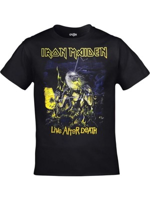 Unisex Siyah Iron Maiden Live After Death Ön Arka Baskılı Tshirt
