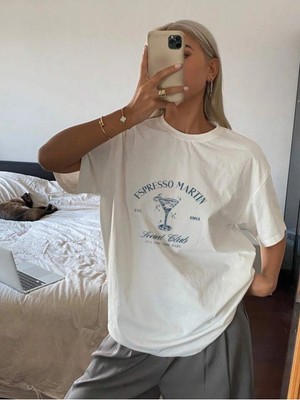 Kealvi Kadın Beyaz Espresso Martın Baskılı T-Shirt- Bisiklet Yaka