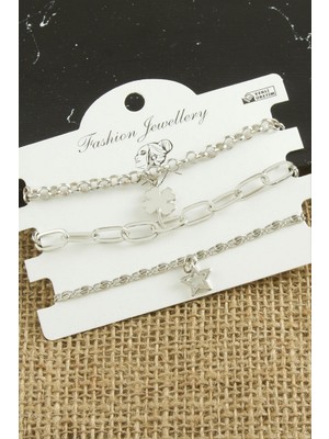 Zero Land Lvsqvr 3 Adet Yonca Trend Zincir Bileklik - Gümüş Rengi