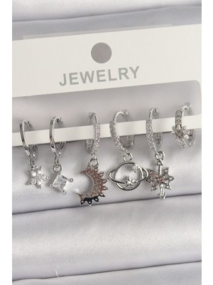 Epilons Pirinç Gümüş Renk Zirkon Taşlı Gezgen Model Kadın Küpe Seti - TJ-BKP10113