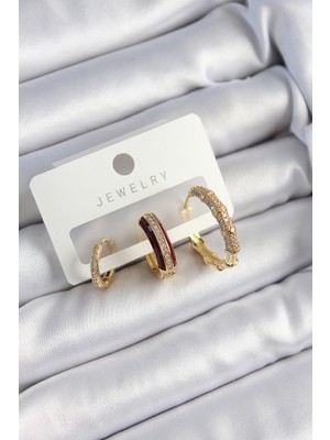 Epilons Pirinç Zirkon Taşlı Bordo Halka Model Gold Renk 3'lü Çift Kadın Küpe Set - TJ-BKP10834