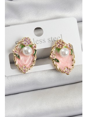 Epilons Pirinç Pembe Mineli Inci Detaylı Sanatsal Portre Model Gold Renk Kadın Küpe - TJ-BKP10690