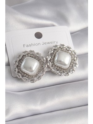 Epilons Pirinç Gümüş Renk Kare Inci Zirkon Taşlı Kadın Küpe - TJ-BKP9631