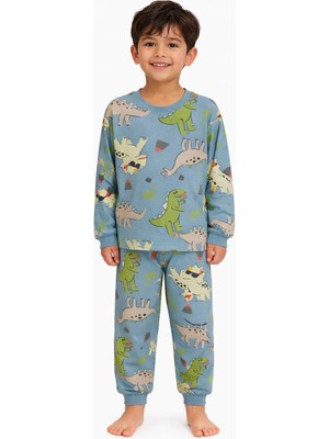 Mini Stella Kids Mavi Dinozor Desenli Erkek Çocuk Pijama Takımı