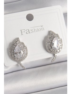 Epilons Pirinç Gümüş Renk Zirkon Taşlı Yaprak Model Kadın Küpe - TJ-BKP9946