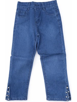 Egecan Paçası Yırtmaçlı, Taşlı Kız Çocuk Koyu Mavi Kot Pantolon 2170