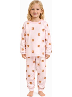 Süpermini Pembe Çizgili Ayıcık Temalı Kız Çocuk Pijama Takımı