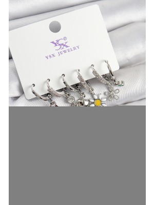 Epilons Pirinç Zi̇rkon Taşlı Gül ve Papatya Model Gümüş Renk 3'lü Çift Kadın Küpe - TJ-BKP10956