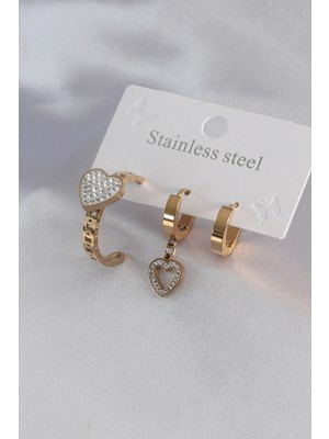 Epilons 316L Çelik Gold Renk Kalp Model Zirkon Taşlı Kadın Küpe Kombini - TJ-BKP7101