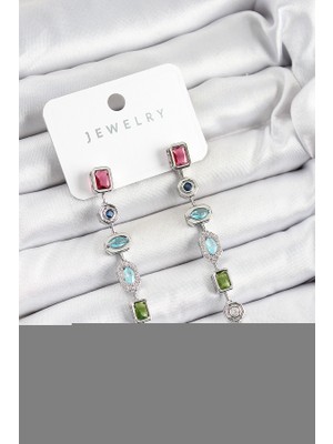 Epilons Pirinç Renkli Zirkon Taşlı Sallantılı Model Gümüş Renk Kadın Küpe - TJ-BKP10743