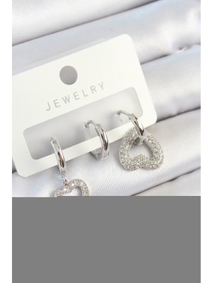 Epilons Pirinç Zirkon Taşlı Kalp Model Gümüş Renk 3'lü Çift Kadın Küpe Set - TJ-BKP10801