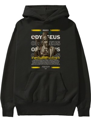 Ankhises Odysseus 1 Mitoloji Ön Baskılı Siyah Hoodie Oversize Kapüşonlu Sweatshirt Erkek Kadın