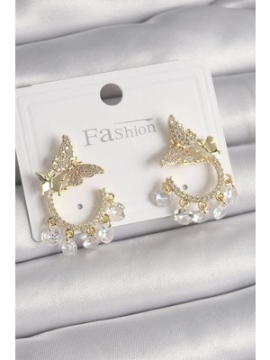 Epilons Pirinç Gold Renk Zirkon Taşlı Sallantı Detay Model Kadın Küpe - TJ-BKP9901