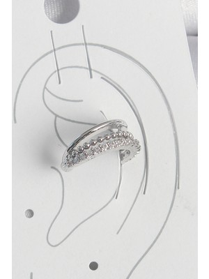 Epilons Pirinç Gümüş Renk Zirkon Taşlı 3'lü Sıralı Kadın Kıkırdak Küpe - TJ-BKP10554