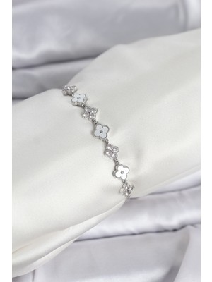 Twin Store Gümüş Renk Zirkon Taşlı Sıralı Yonca Model Asansörlü Kadın Bileklik