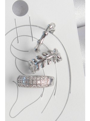 Epilons Pirinç Gümüş Renk Zirkon Taşlı 3'lü Model Yaprak Figür Kadın Kıkırdak Küpe - TJ-BKP10564