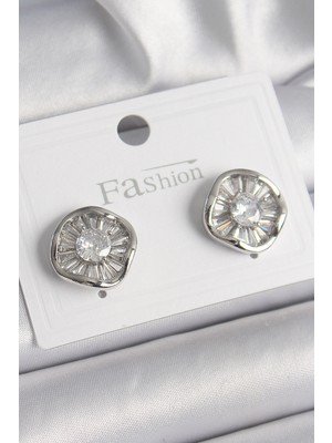 Epilons Pirinç Gümüş Renk Zirkon Taşlı Yonca Model Kadın Küpe - TJ-BKP9851