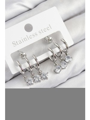 Epilons Pirinç Sallantılı Zirkon Taşlı Model Gümüş Renk Kadın Küpe - TJ-BKP11098