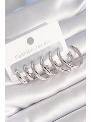 Epilons Pirinç Gümüş Renk Yassı Halka Model Kadın Küpe Seti - TJ-BKP8776