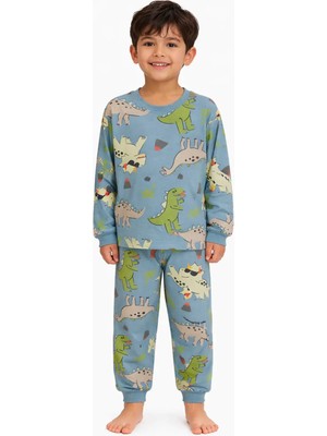 Mini Stella Kids Mavi Dinozor Desenli Erkek Çocuk Pijama Takımı