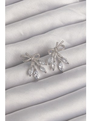 Epilons Pirinç Gümüş Renk Zirkon Taşlı Fiyonk Küpe - TJ-BKP9292