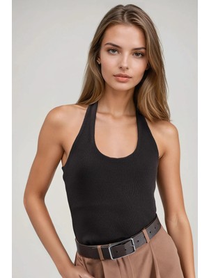 Hiccup Kadın Halter Yaka Esnek Örme Top Mocha Kahvesi
