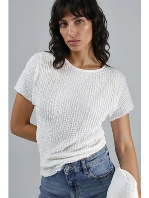 Hiccup Kadın Dokulu Bisiklet Yaka Bluz Ellie Collection Beyaz