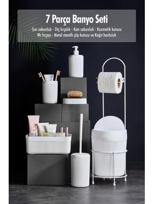 LTG Nova 7 Parça Beyaz Banyo Seti Metal Stantlı Kovalı Wc Kağıtlık Kozmetik Kutusu Diş Fırçalık ve Sabunlukl