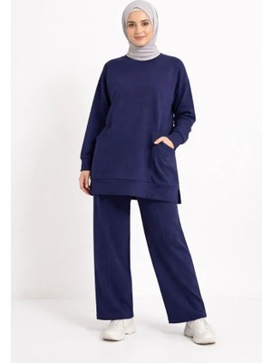 Osy Modal Yumuşak Dokulu Kumaş Tesettür Cepli Tunik Pantolon Takım - Lacivert