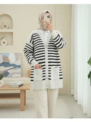 Modamorfo Çift Cepli Çizgili Triko Hırka  -Taş